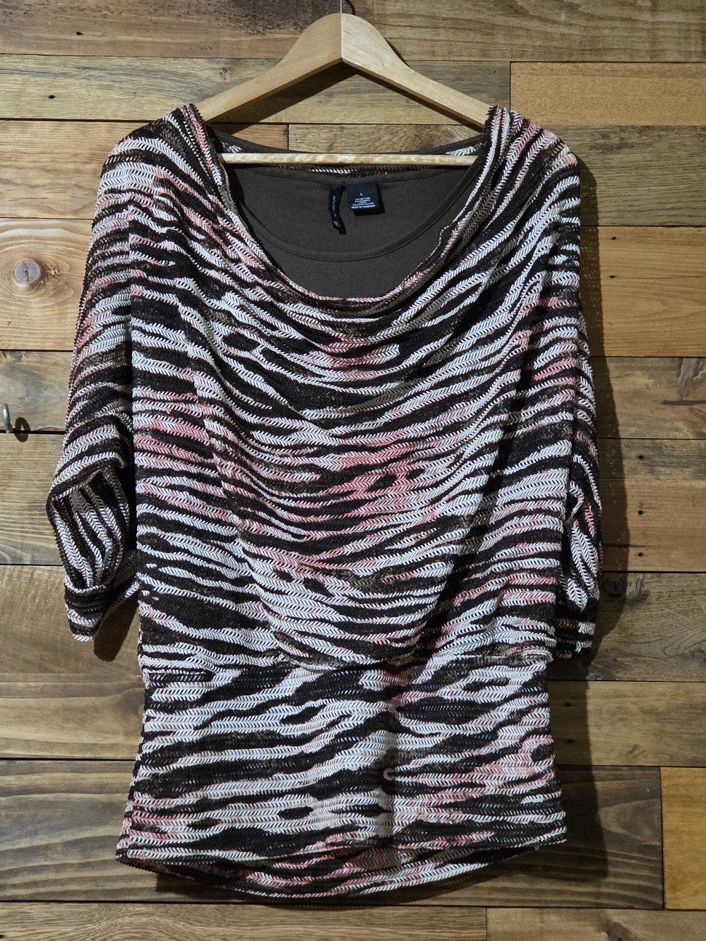 Cowl Neck Textured Abstract Stripe 3/4 Dolman Boho Top L New Directions